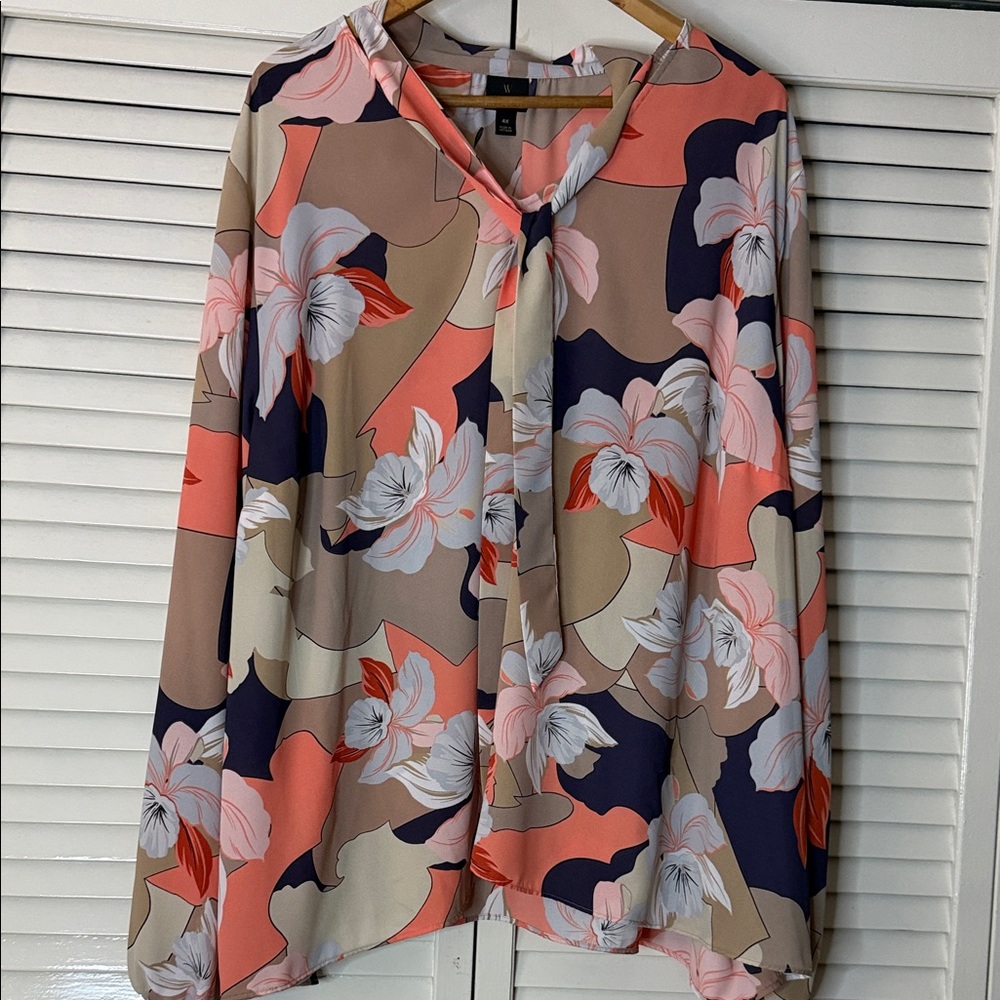 Worthington Floral Blouse - Coral and Navy